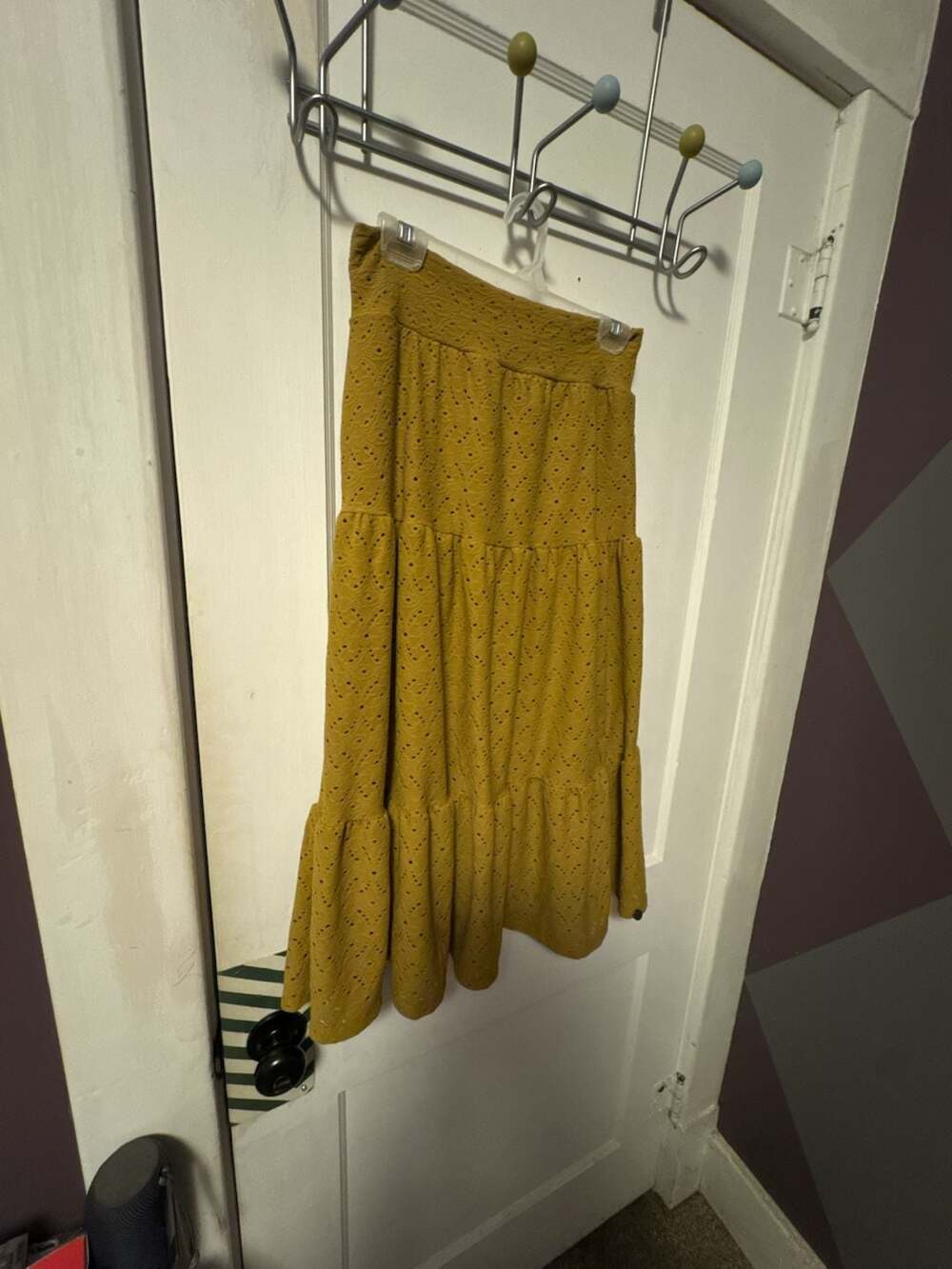 “Vine and Branches” Crowned Free Mustard Yellow Eyelet Tiered Midi Skirt XL